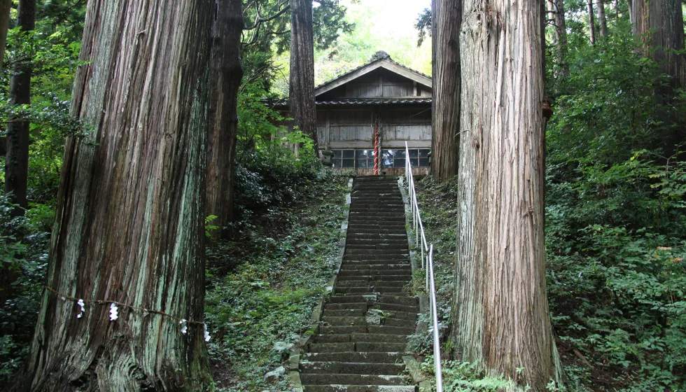 能舞台の端から本殿へ続く石段があります。