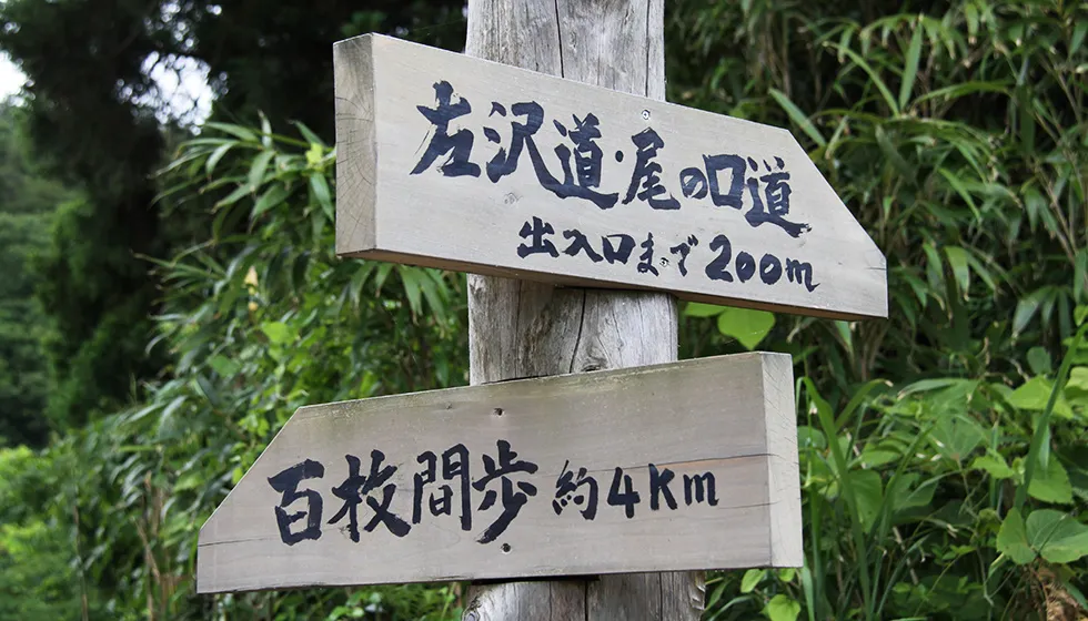 点在する遺構を案内する新穂銀山の道しるべ。