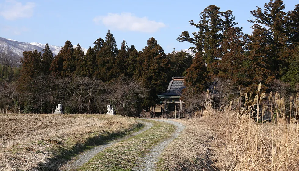 田園に鎮座する長江熱串彦神社
